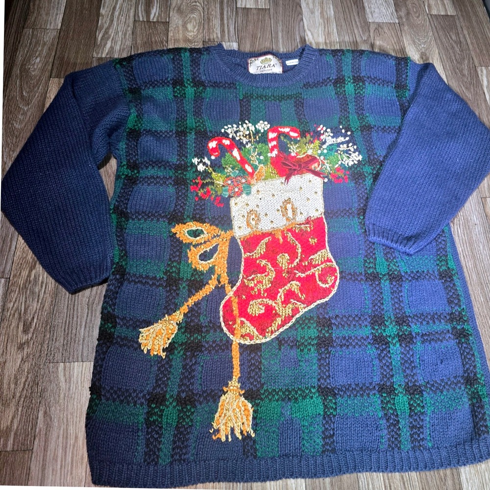 Tiara Petites Vintage 90s Christmas Stocking‎ Plaid Sweater L Holiday Knit